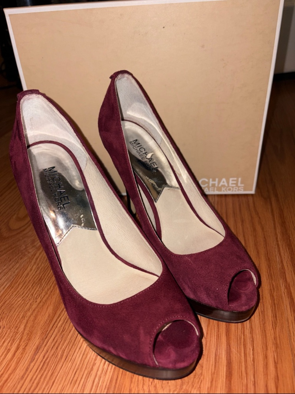 Michael Kors Maroon Suede Peep-Toe Pumps